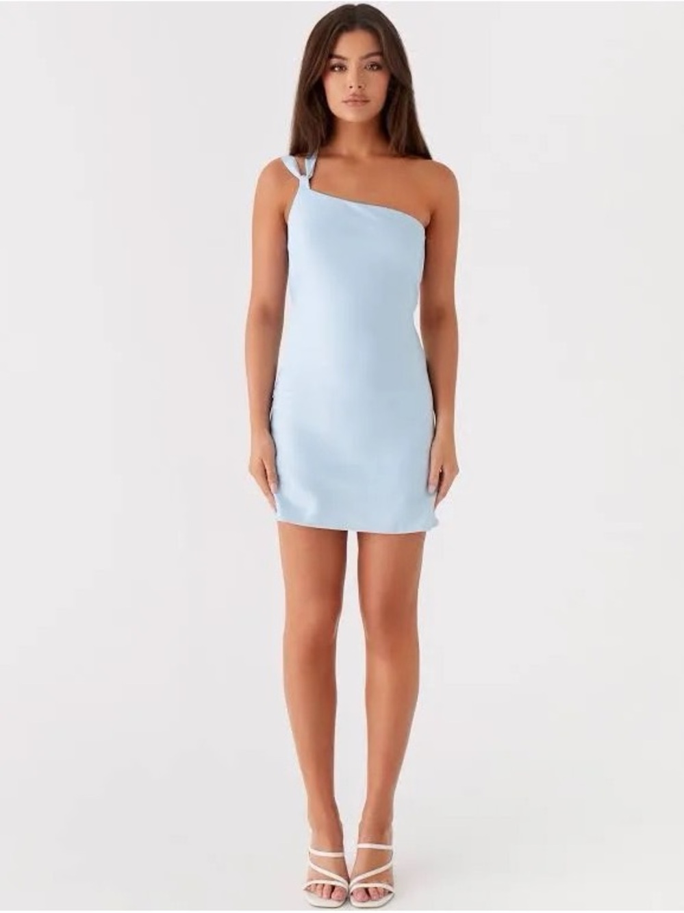 Peppermayo Light Blue One-Shoulder Satin Slip Dress